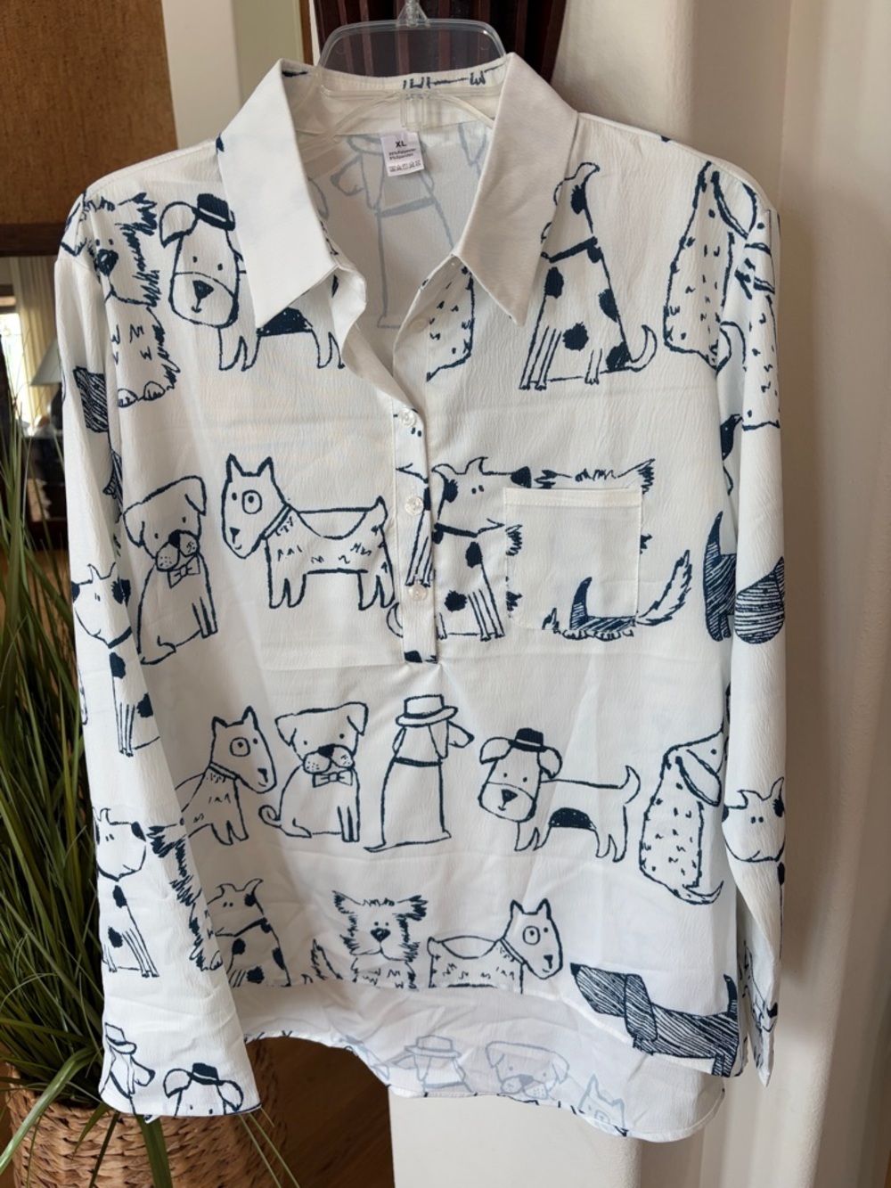 Womens Whimsical White Button‑Front Blouse with Navy Dog Print